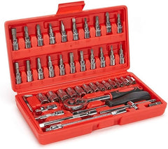 Heavy Duty Hand Tool Storage Box | 46-Piece Portable Auto Repair Kit with Ratchet & Socket Wrench Set