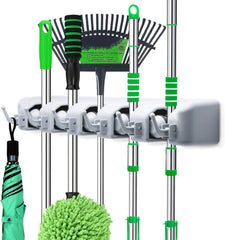 Wall-Mounted Mop Holder | 6 Hooks & 5 Clamps | Organize Mops, Brooms, and Tools