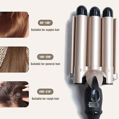 3-Barrel Ceramic Curling Wand – LCD Display, 14 Temp Settings for Perfect Waves & Curls