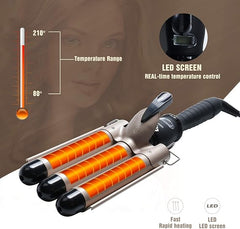 3-Barrel Ceramic Curling Wand – LCD Display, 14 Temp Settings for Perfect Waves & Curls